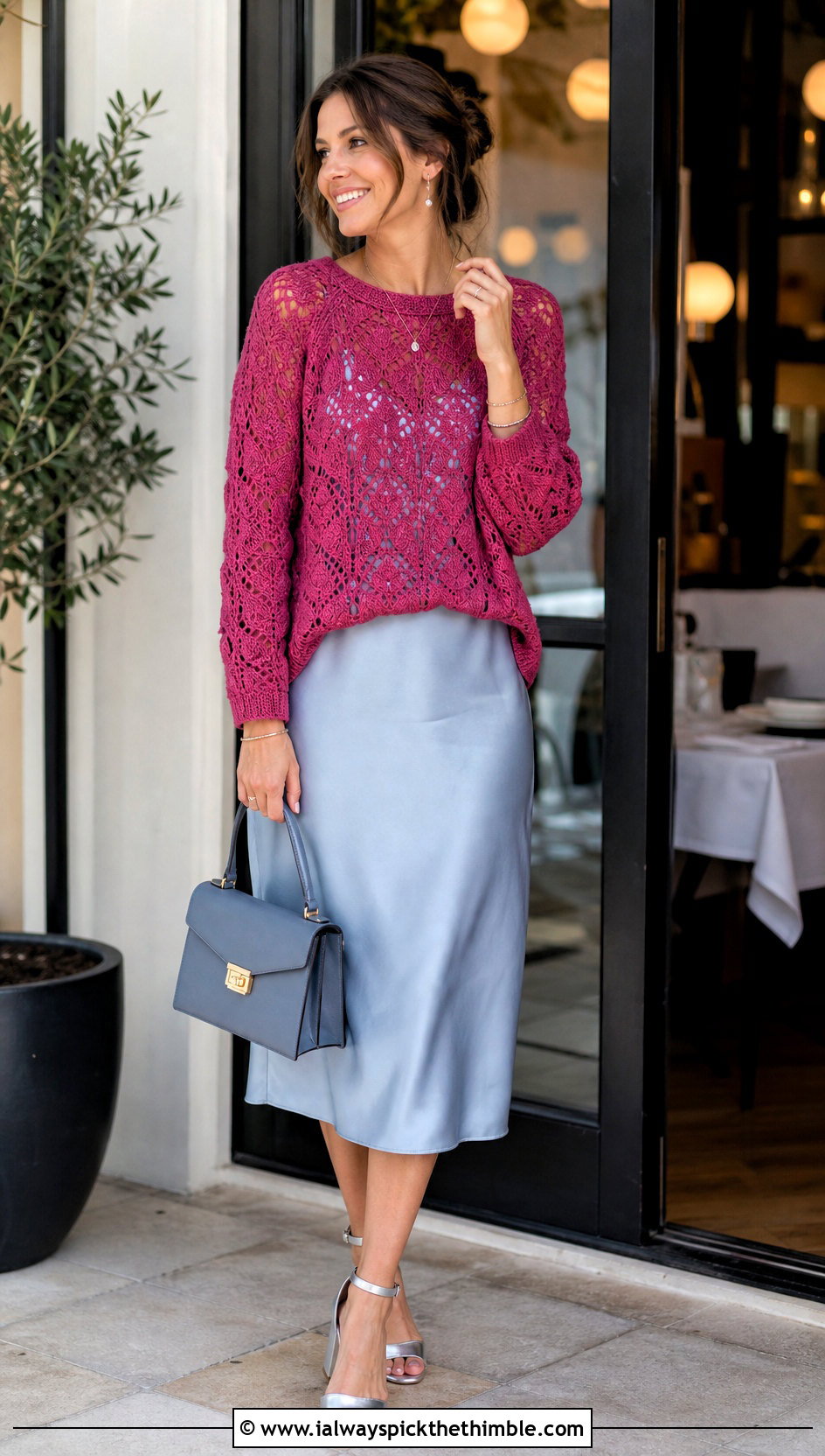 Lightweight Lace Granny Raglan Sweater Over Slip Dress - 20 Crochet Granny Raglan Sweater outfit ideas
