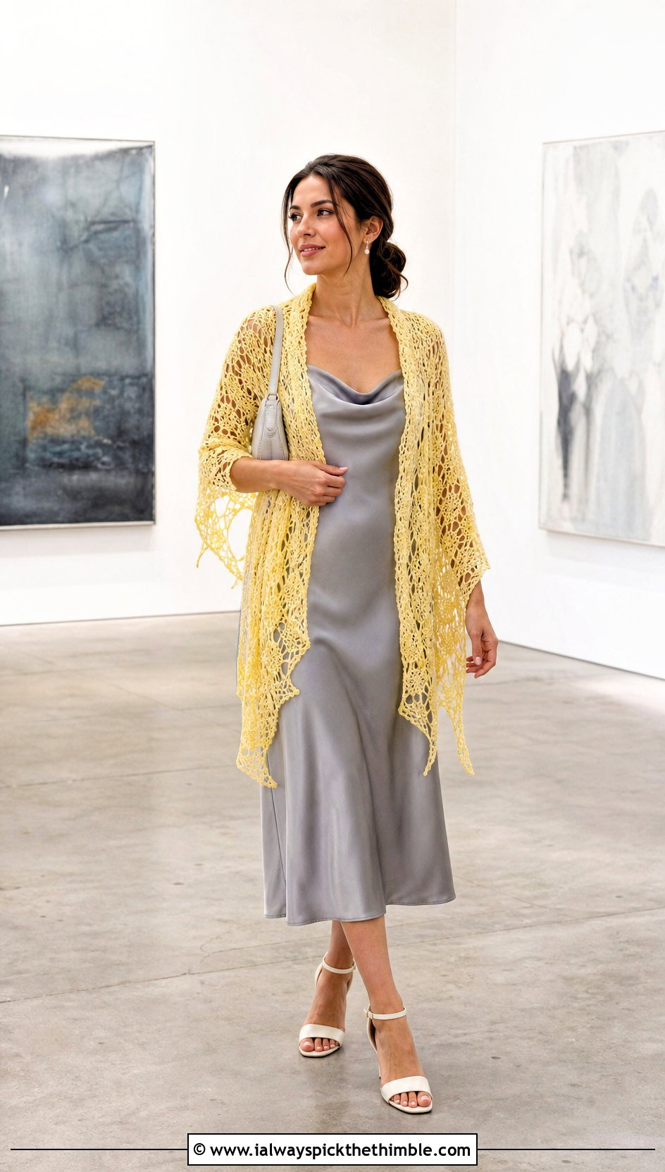 Lightweight Lace Virus Shawl With Satin Slip Dress - 25 crochet virus shawl outfit ideas