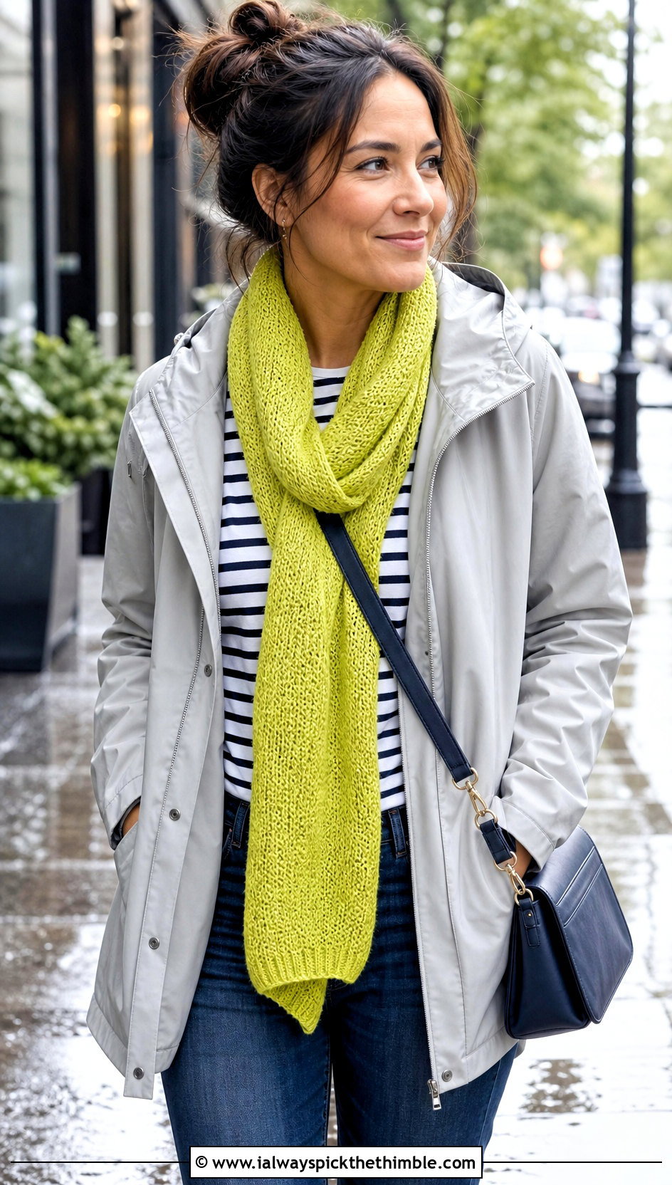 Lightweight Lemon Peel Stitch Scarf With Rain Jacket - 20 Crochet Lemon Peel Stitch Scarf outfit ideas