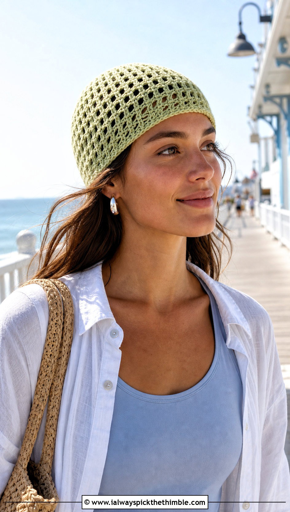 Lightweight Mesh Crochet Beanie With Linen Outfit - 25 crochet beanie outfit ideas