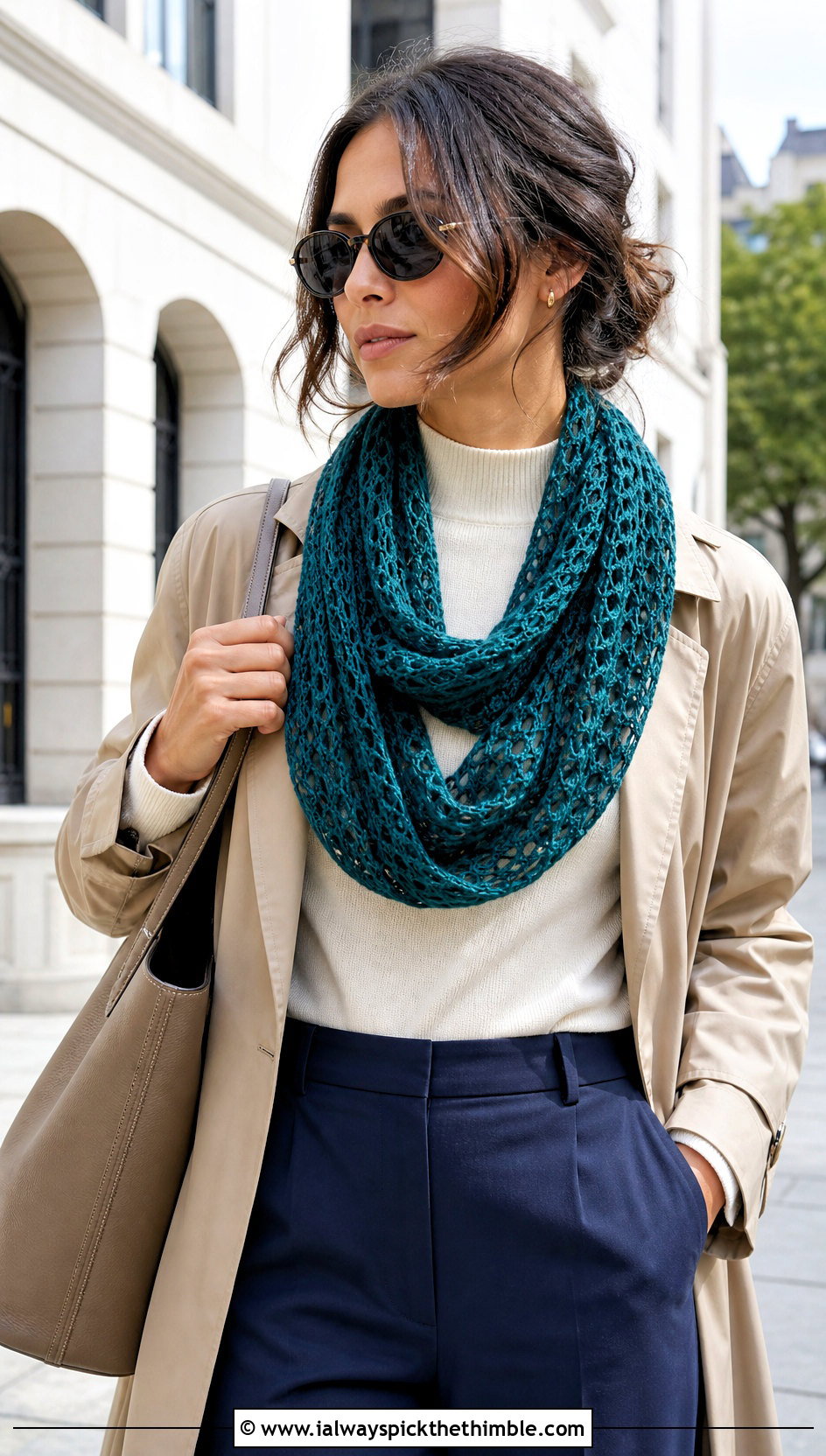 Lightweight Mesh Crochet Snood Scarf With Trench Coat - 20 crochet snood scarf outfit ideas