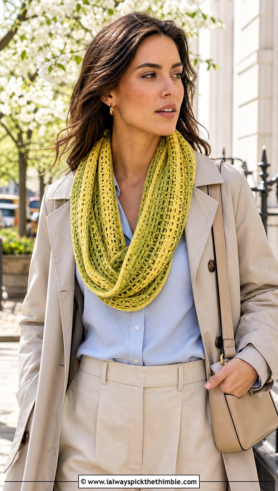 Lightweight Mesh Striped Crochet Infinity Scarf With Trench Coat - 15 Striped Crochet Infinity Scarf outfit ideas