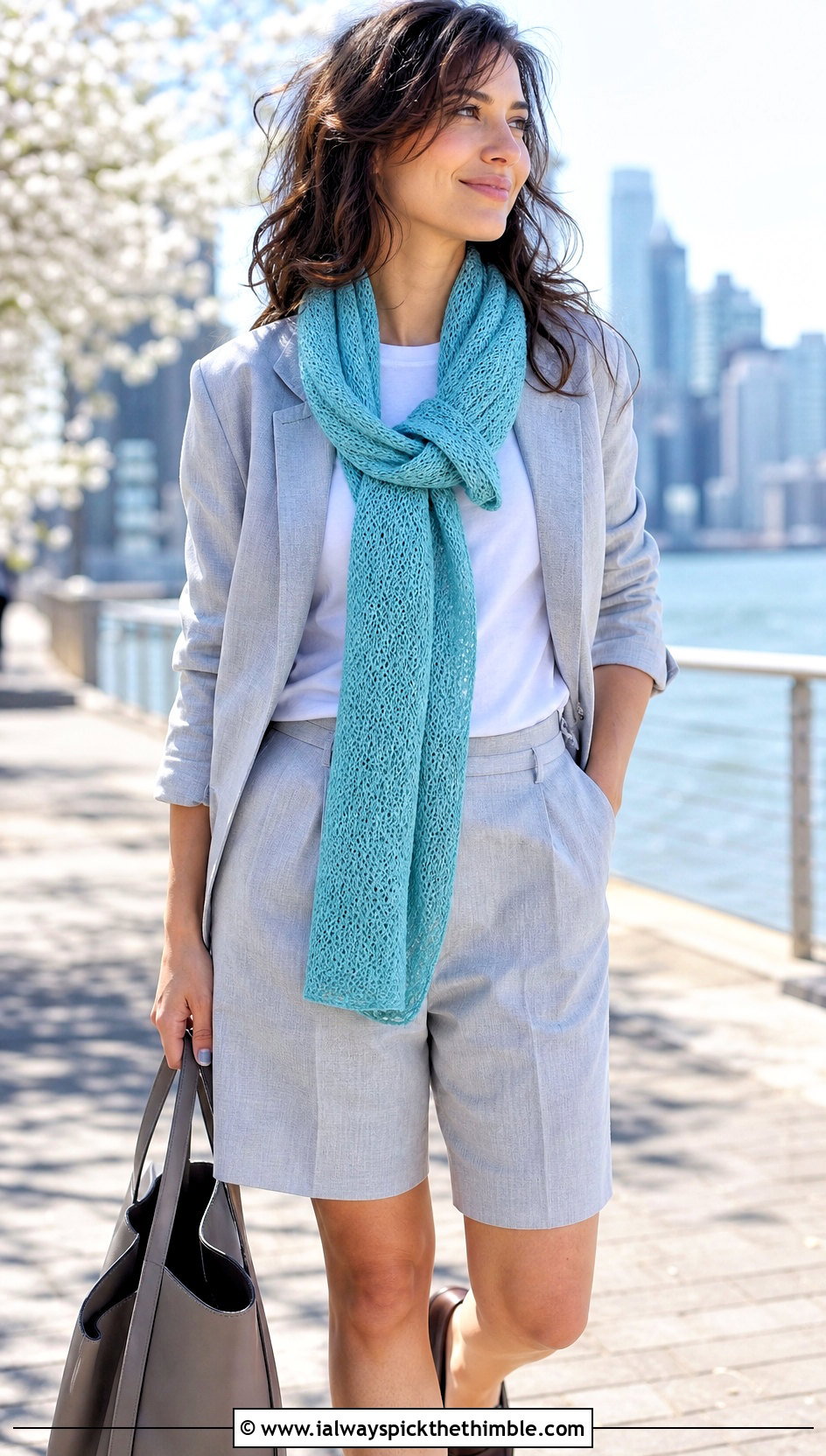 Lightweight Moss Stitch Crochet Scarf With Blazer And Bermuda Shorts - 20 Moss Stitch Crochet Scarf outfit ideas