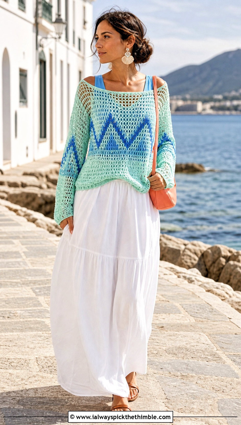 Lightweight Mountain Mesh Sweater With White Maxi Skirt - 15 Crochet Mountain Sweater outfit ideas
