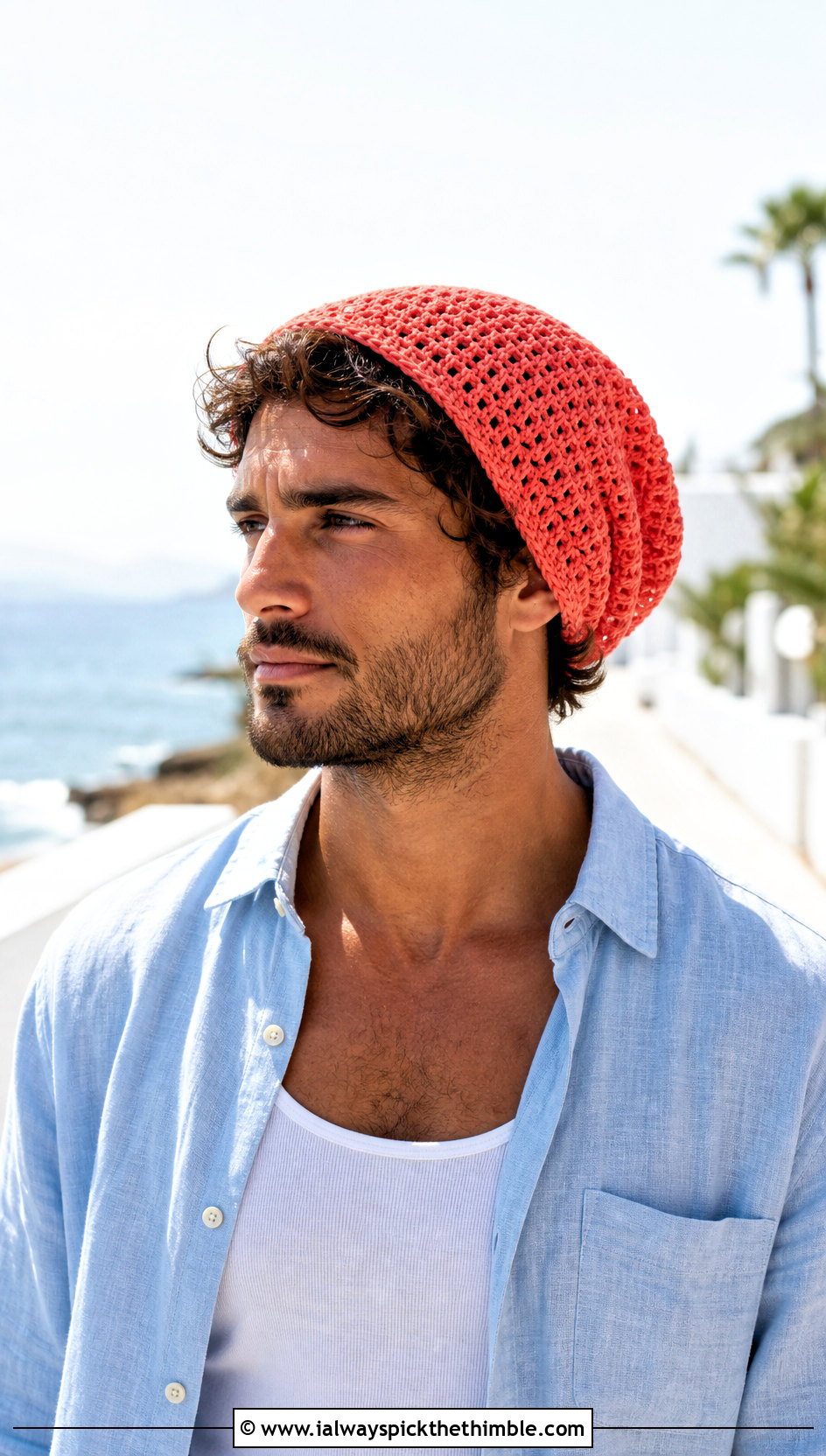 Lightweight Slouch Crochet Beanie With Linen Shirt - 20 Mens Slouch Crochet Beanie outfit ideas