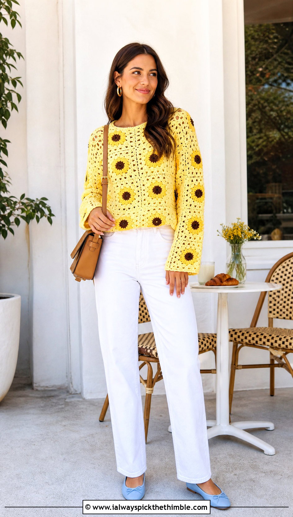 Lightweight Sunflower Granny Square Pullover Sweater With White Jeans - 15 Sunflower Granny Square Pullover Sweater outfit ideas
