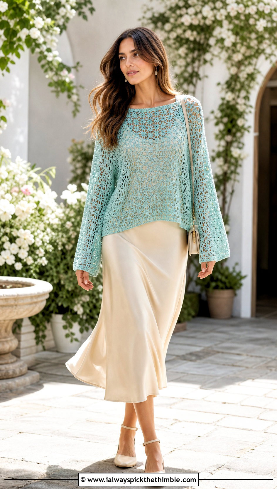 Lightweight Top Down Crochet Sweater With Slip Dress - 25 top down crochet sweater outfit ideas