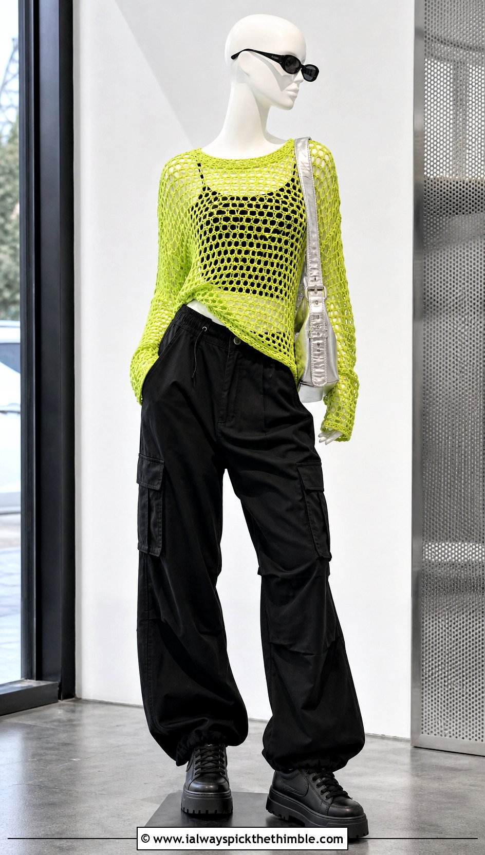 Lime Mesh Crochet Sweater With Black Cargo Pants - 15 Green Crochet Sweater On Mannequin outfit ideas