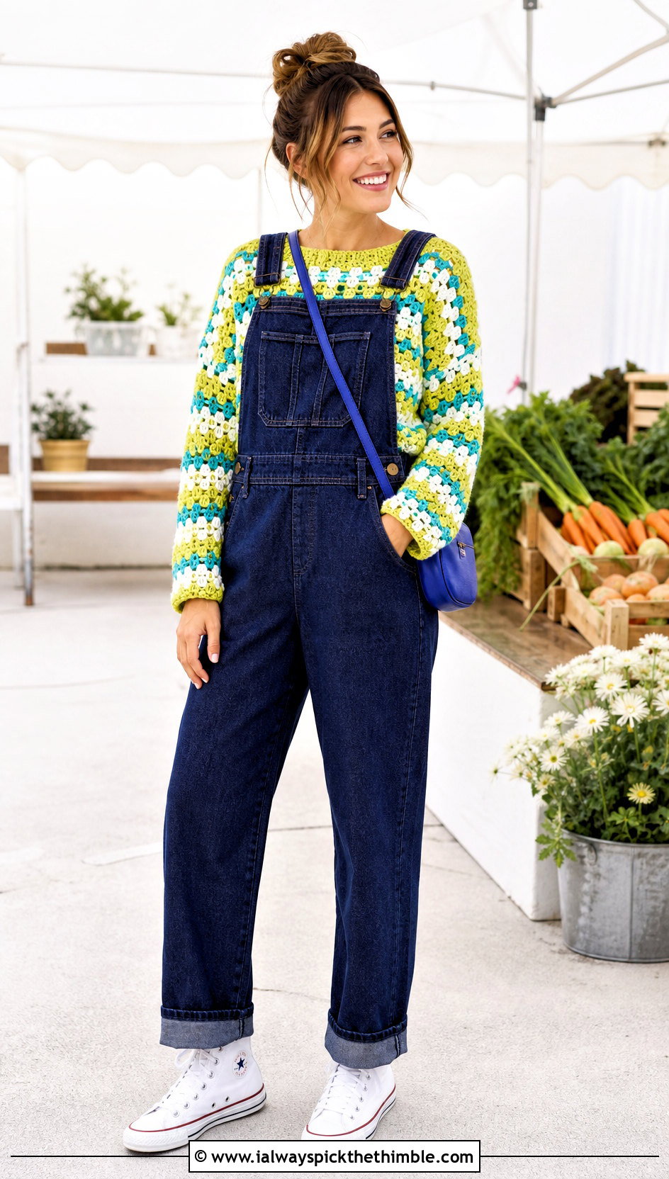 Lime Striped Granny Stitch Crochet Sweater With Denim Overalls - 15 bright crochet sweater design outfit ideas