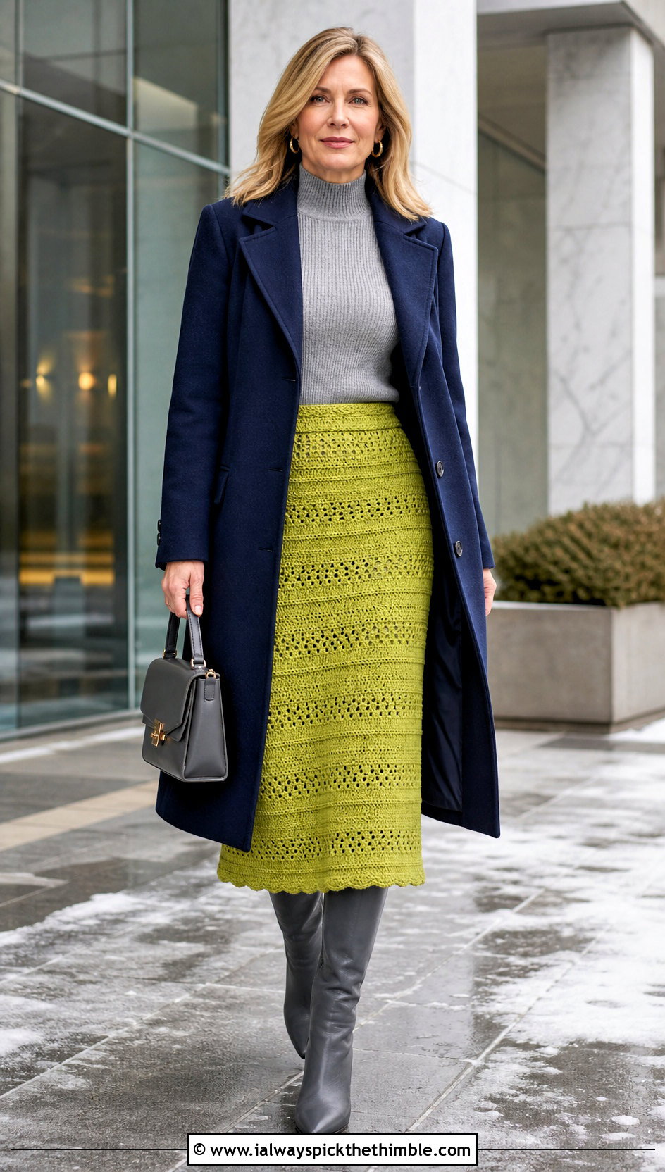 Lined Crochet Midi Skirt With Fitted Wool Coat - 20 Winter Crochet Clothes and outfit ideas
