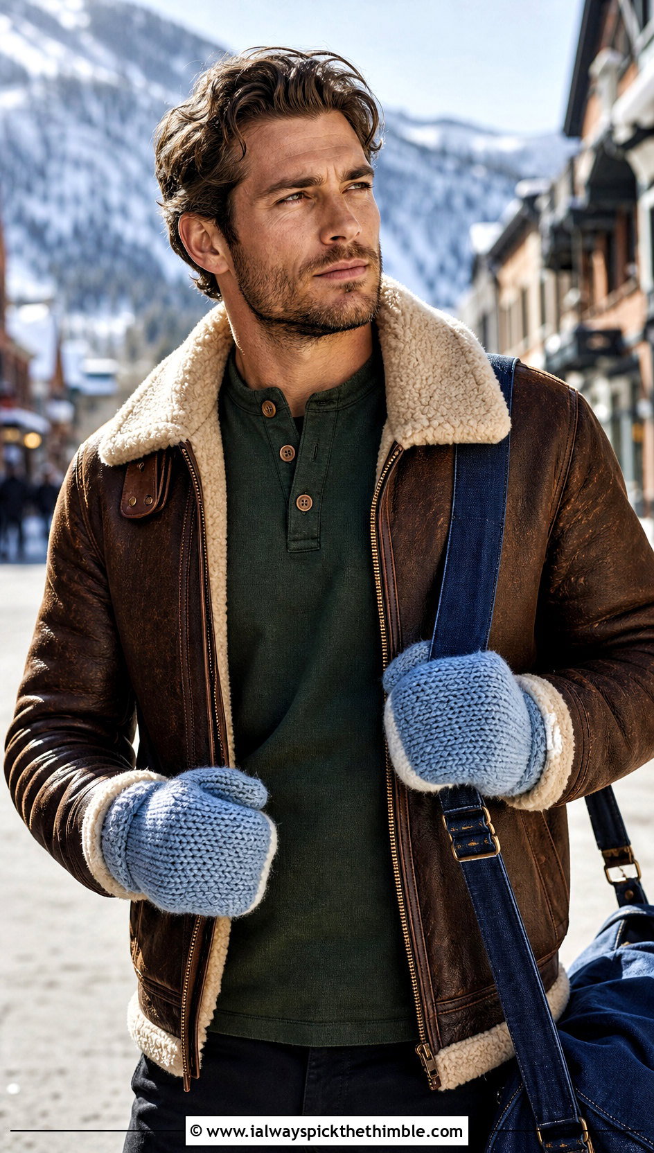 Lined Crochet Mittens With Shearling Jacket - 20 Crochet Mens Gloves outfit ideas