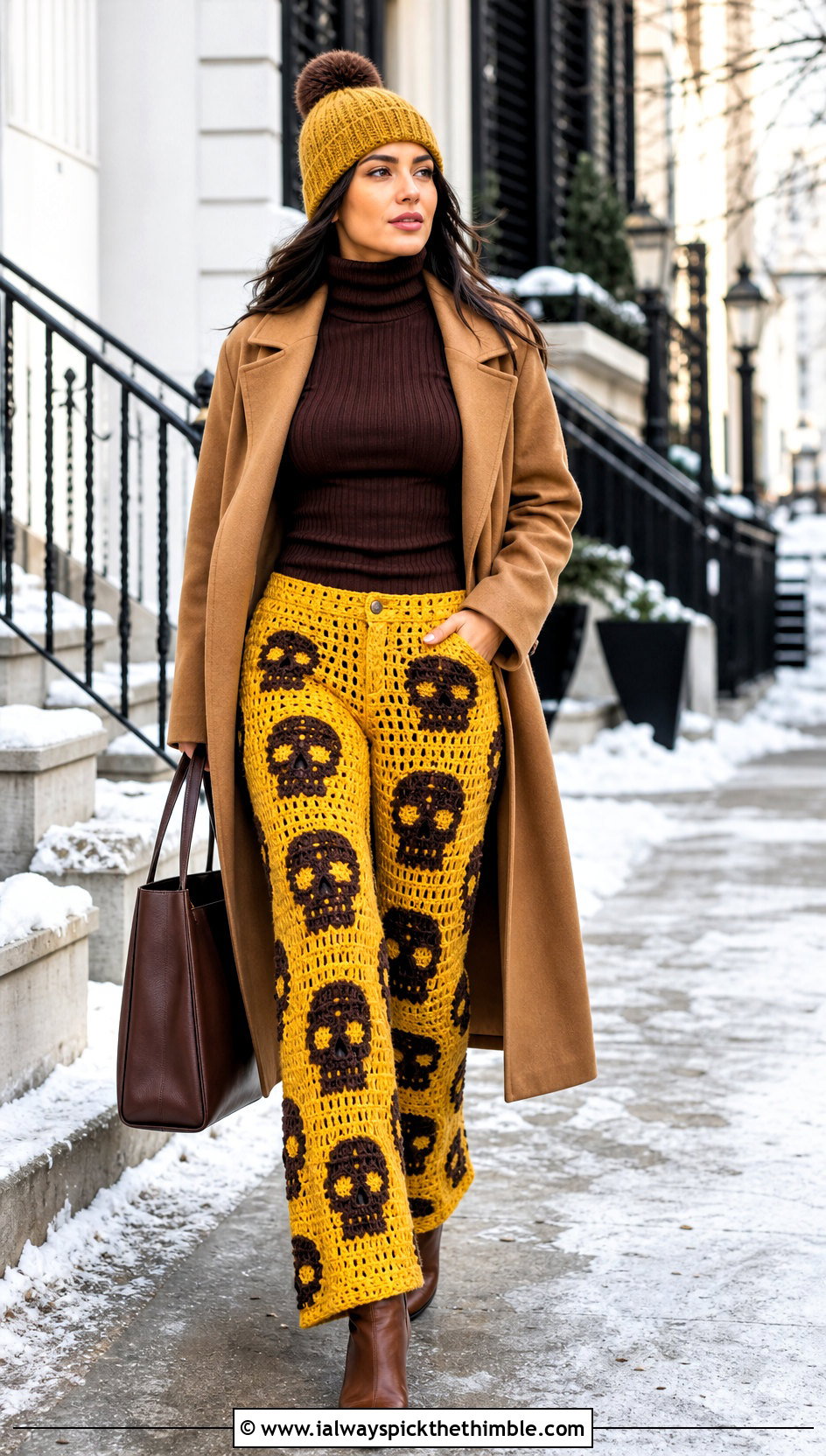 Lined Skull Crochet Pants With Sweater And Coat - 15 Skull Crochet Pants outfit ideas