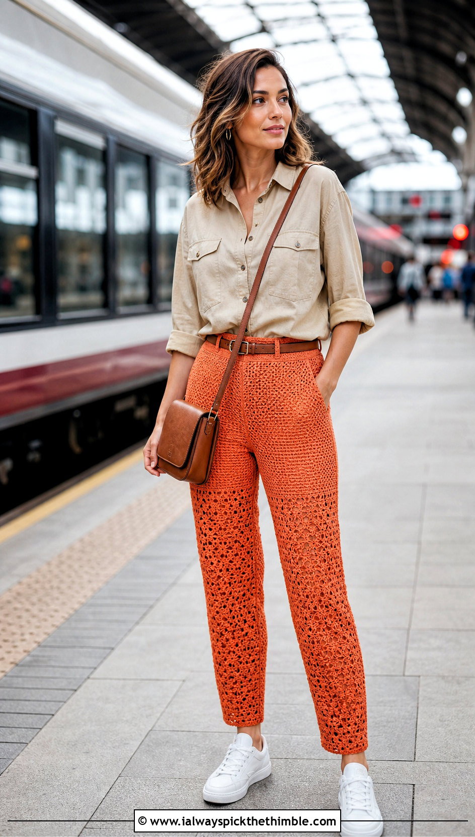 Lined Tapered Crochet Trousers With Utility Shirt - 25 crochet trousers outfit ideas