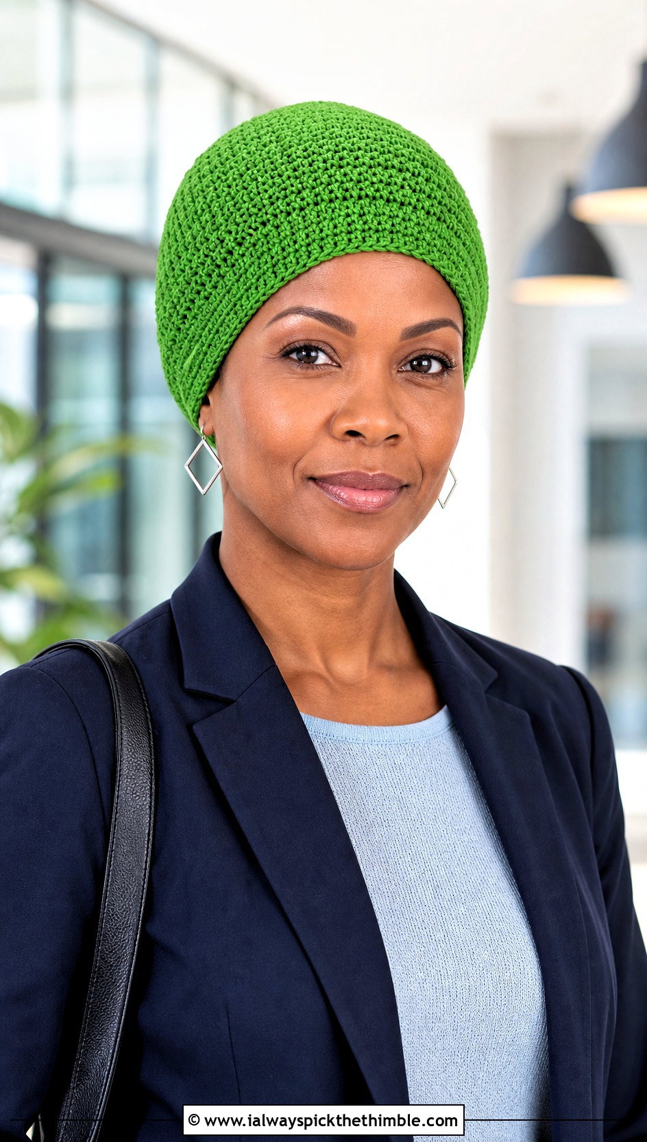 Linen Stitch Crochet Chemo Cap With Office Suit - 25 crochet chemo caps outfit ideas
