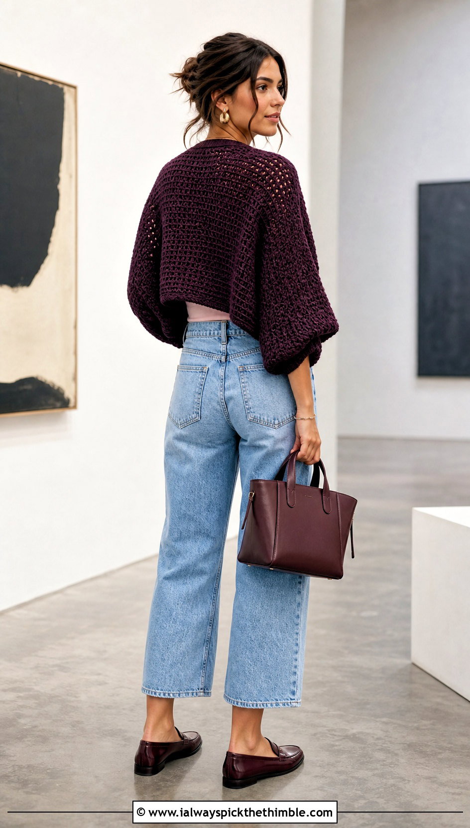 Linen Stitch Crochet Cocoon Shrug With Barrel Jeans - 20 crochet cocoon shrug outfit ideas