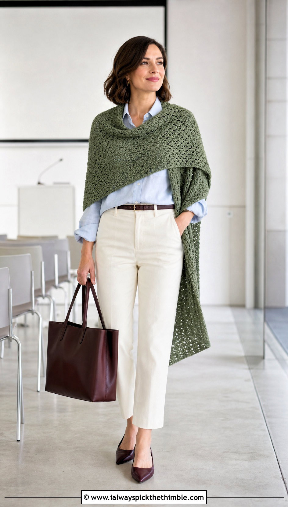 Linen Stitch Rectangle Crochet Shawl With Button Down Shirt - 25 Crochet Rectangle Shawl outfit ideas
