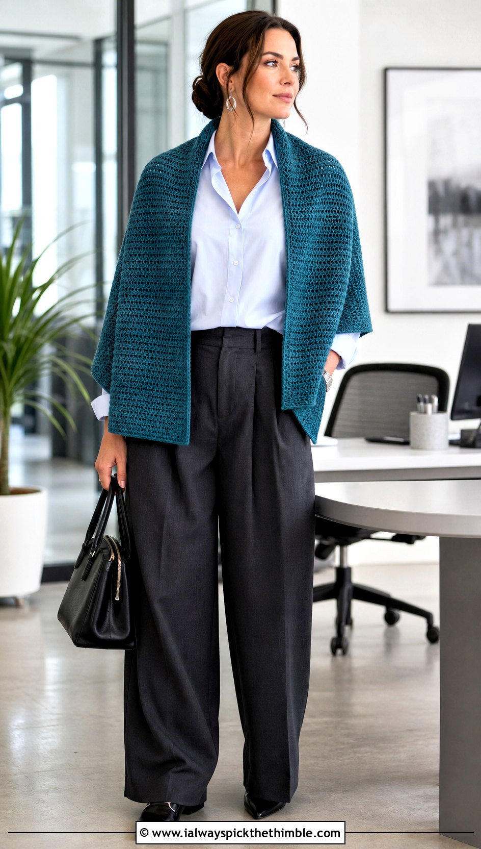 Linen Stitch Rectangle Crochet Shawl With Office Trousers - 20 Rectangle Crochet Shawls outfit ideas