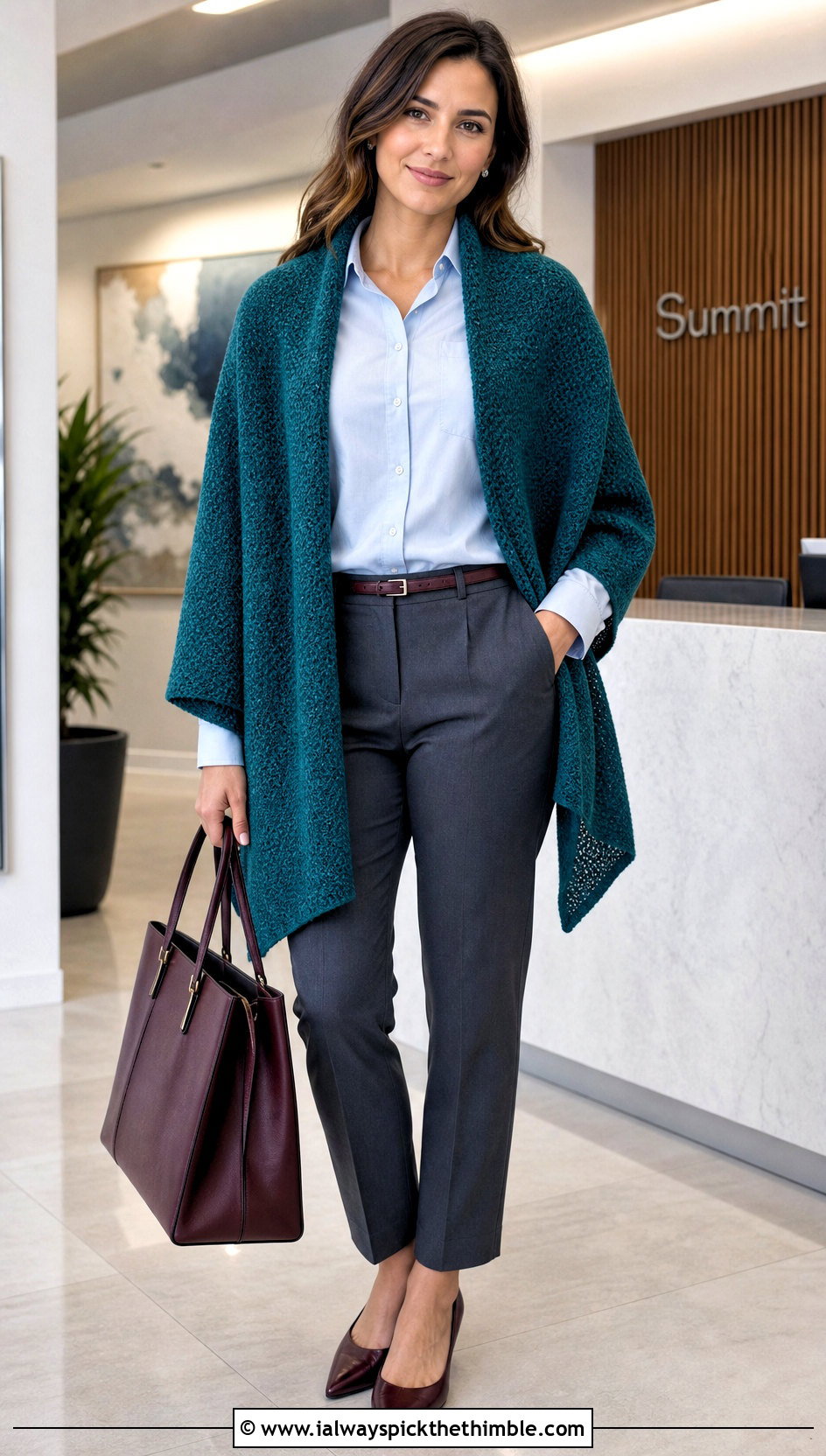 Linen Stitch Rectangle Crochet Shawl With Work Trousers - 20 Easy Rectangle Crochet Shawl outfit ideas