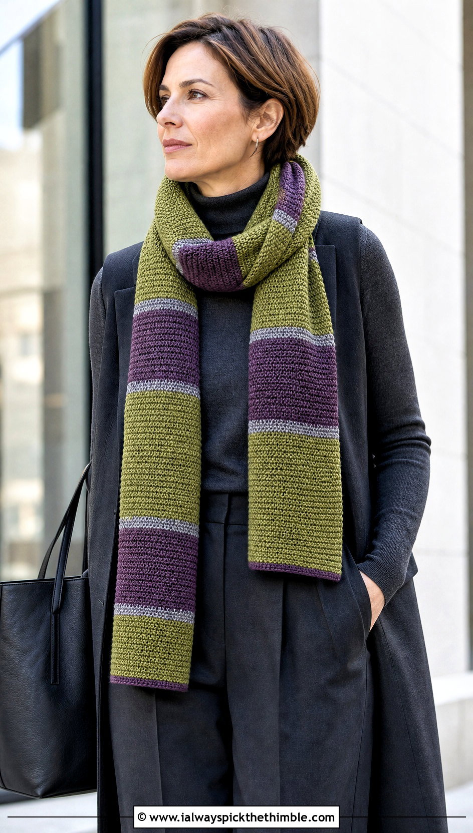 Linen Stitch Temperature Scarf With Tailored Trousers - 20 crochet temperature scarf outfit ideas