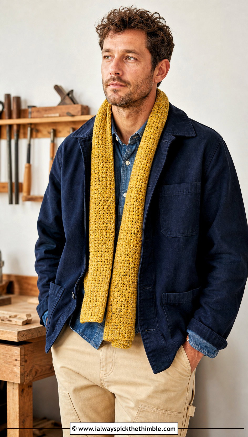 Linen Stitch Tweed Crochet Scarf With Chore Coat - 15 Tweed Men's Crochet Scarf outfit ideas
