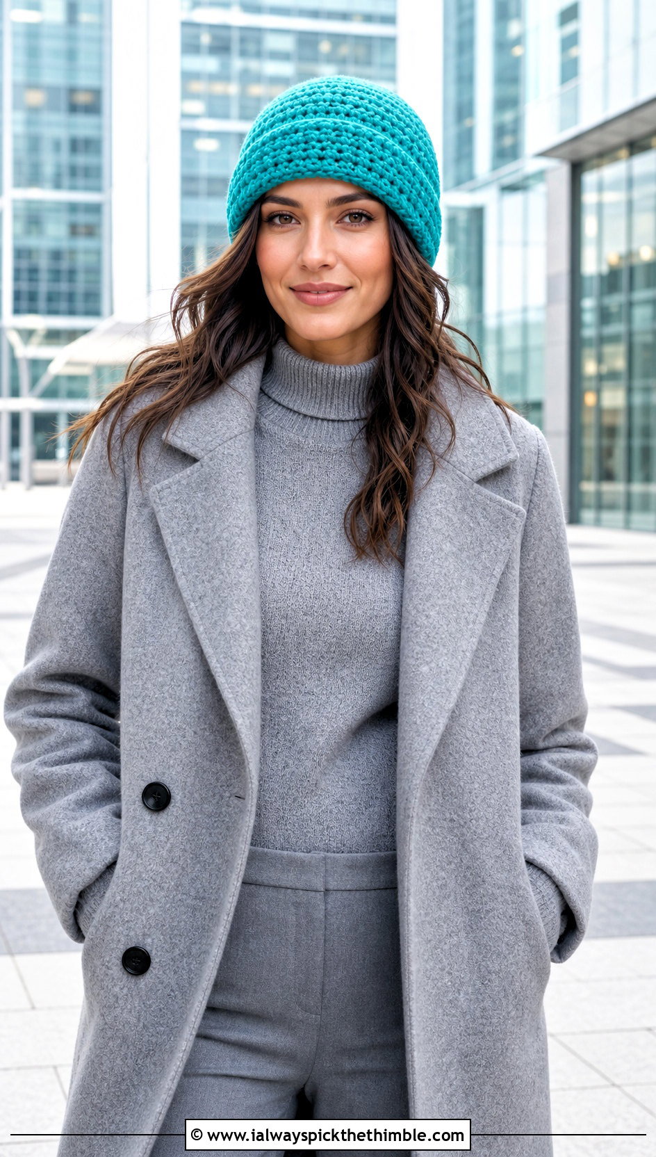 Linked Double Crochet Beanie With Wool Coat And Tonal Separates - 20 double crochet hat outfit ideas