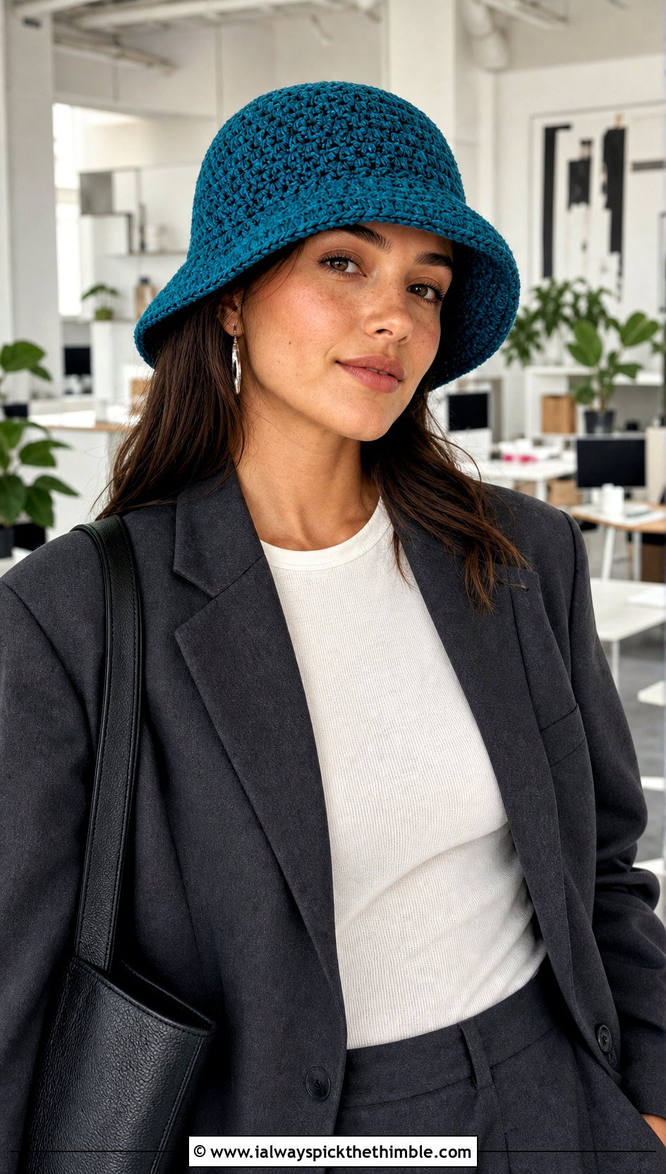 Linked Double Crochet Bucket Hat With Blazer And Trousers - 20 Double Crochet Bucket Hat outfit ideas