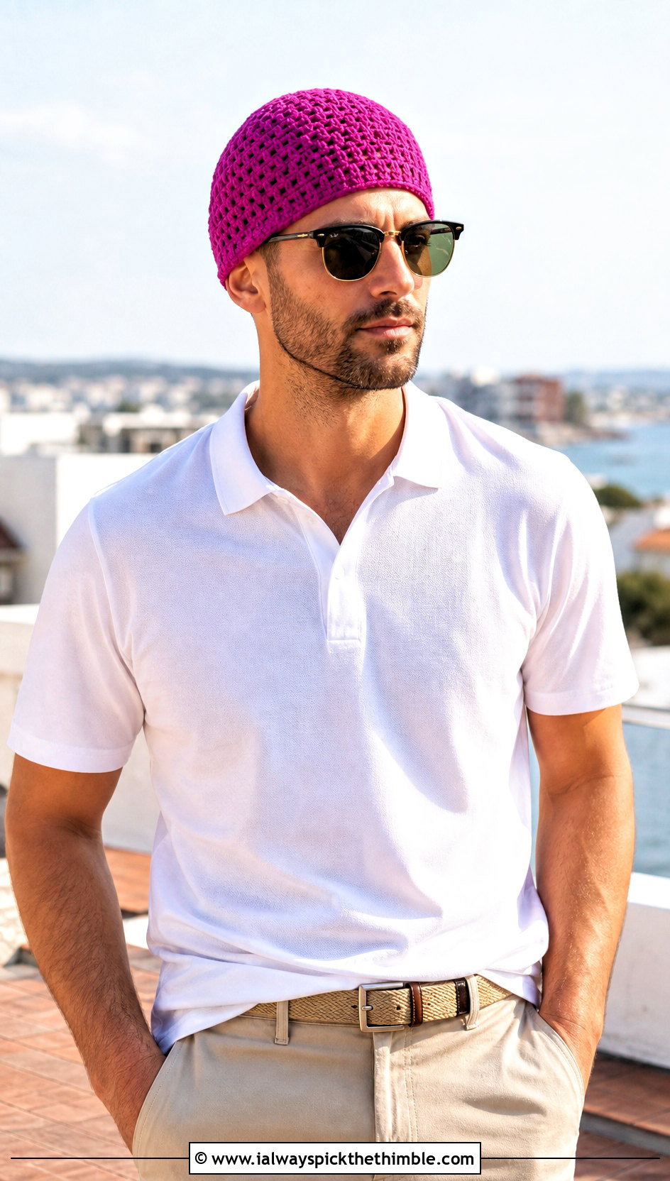 Linked Double Crochet Chemo Cap With Polo Shirt - 20 Crochet Chemo Caps For Men outfit ideas