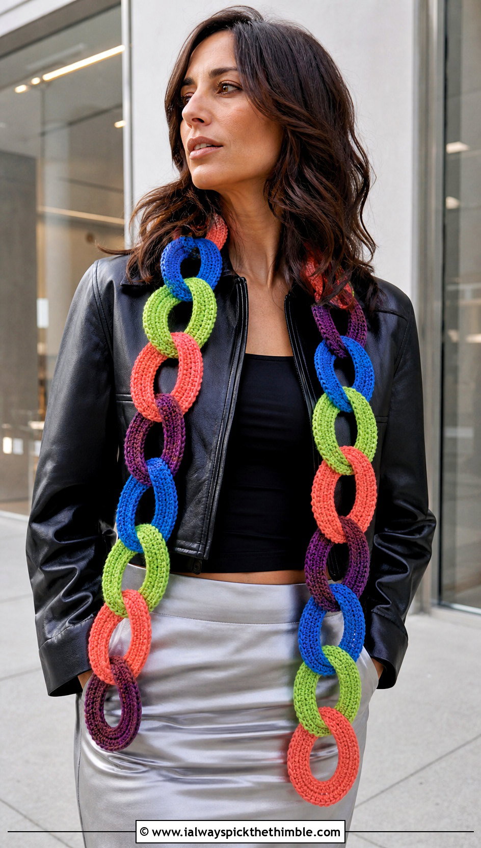 Linked Ring Crochet Scarf With Leather Jacket And Midi Skirt - 15 crochet scarf with colorful circles outfit ideas