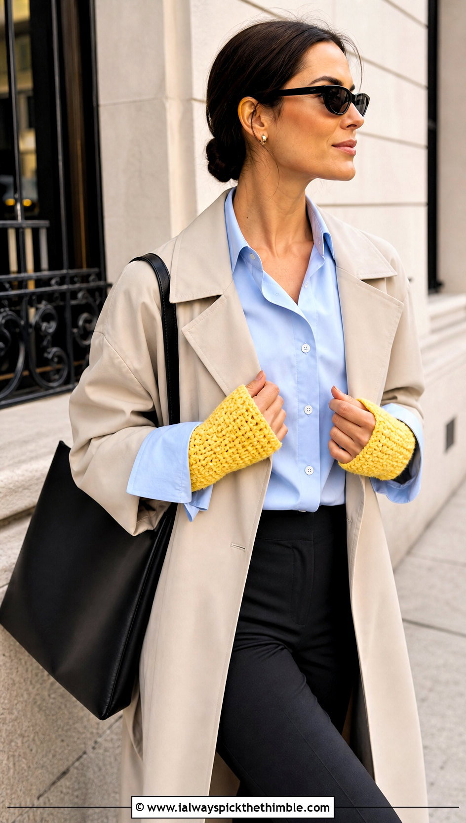 Linked Stitch Crochet Wrist Warmers With Trench Coat - 25 easy crochet fingerless gloves outfit ideas