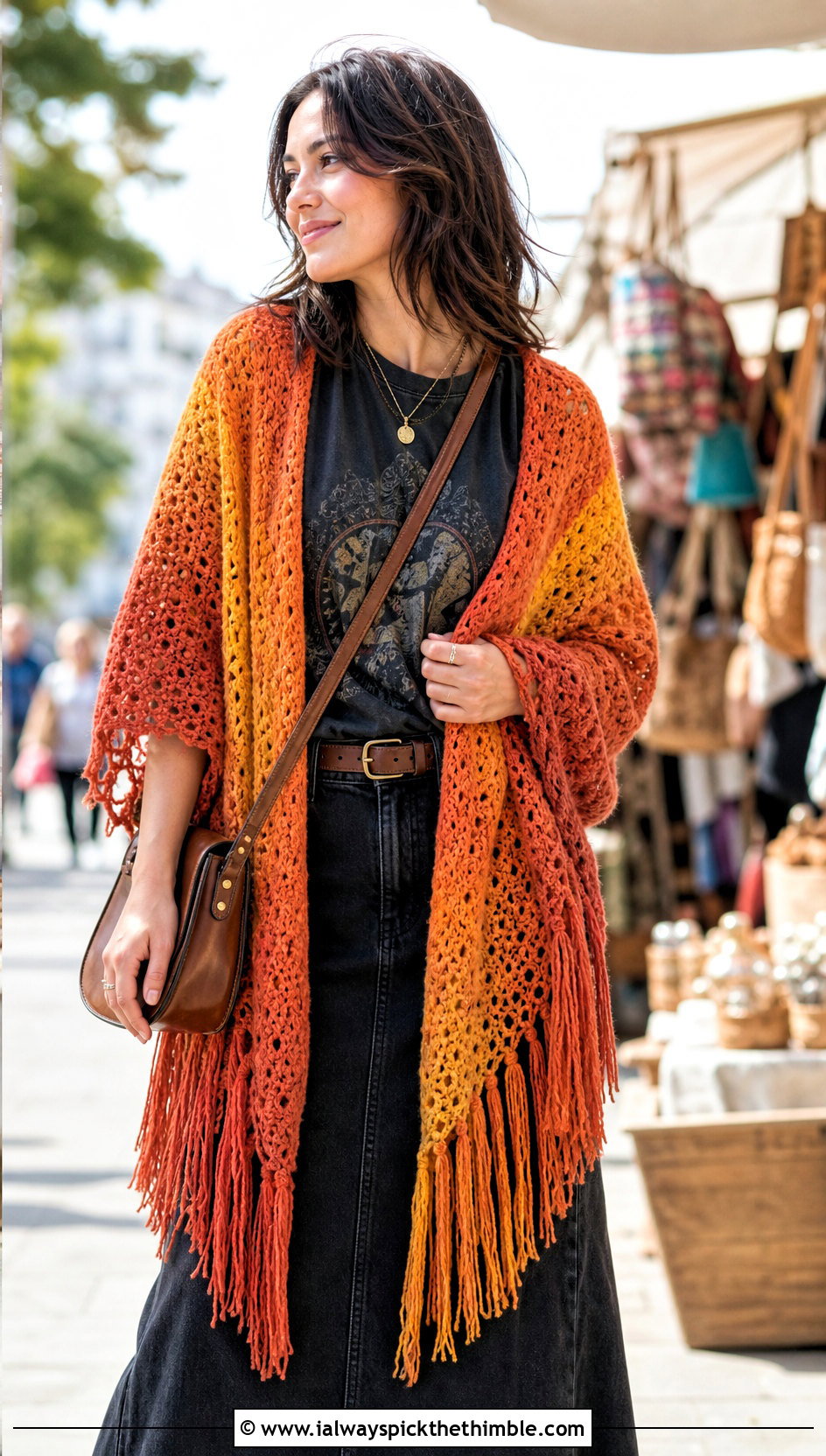 Lion Brand Shawl In A Ball Fringed Shawl With Denim Maxi Skirt - 15 Lion Brand Crochet Shawl In A Ball outfit ideas
