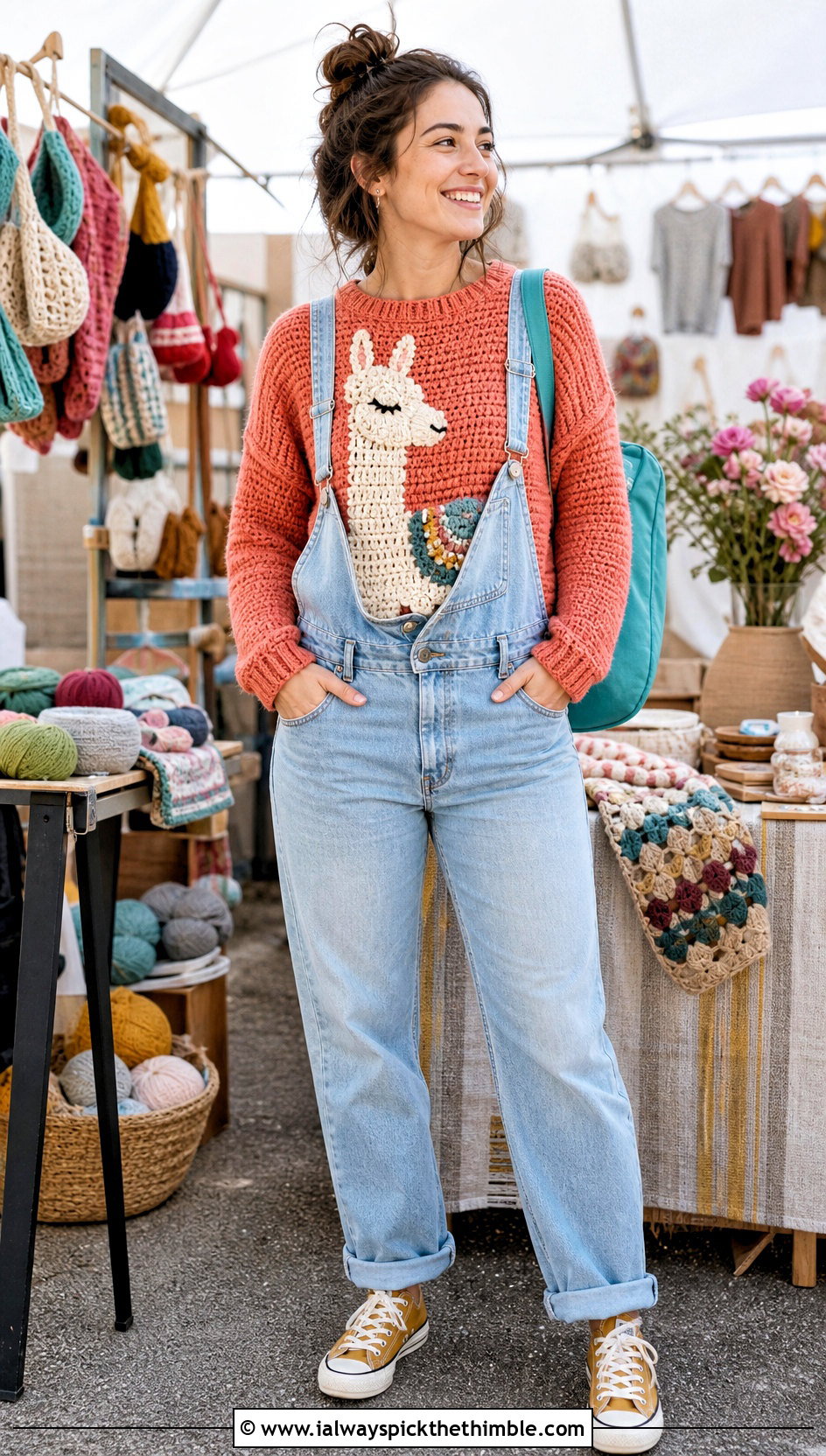 Llama Crochet Mabel Sweater With Denim Overalls - 25 crochet mabel sweater outfit ideas
