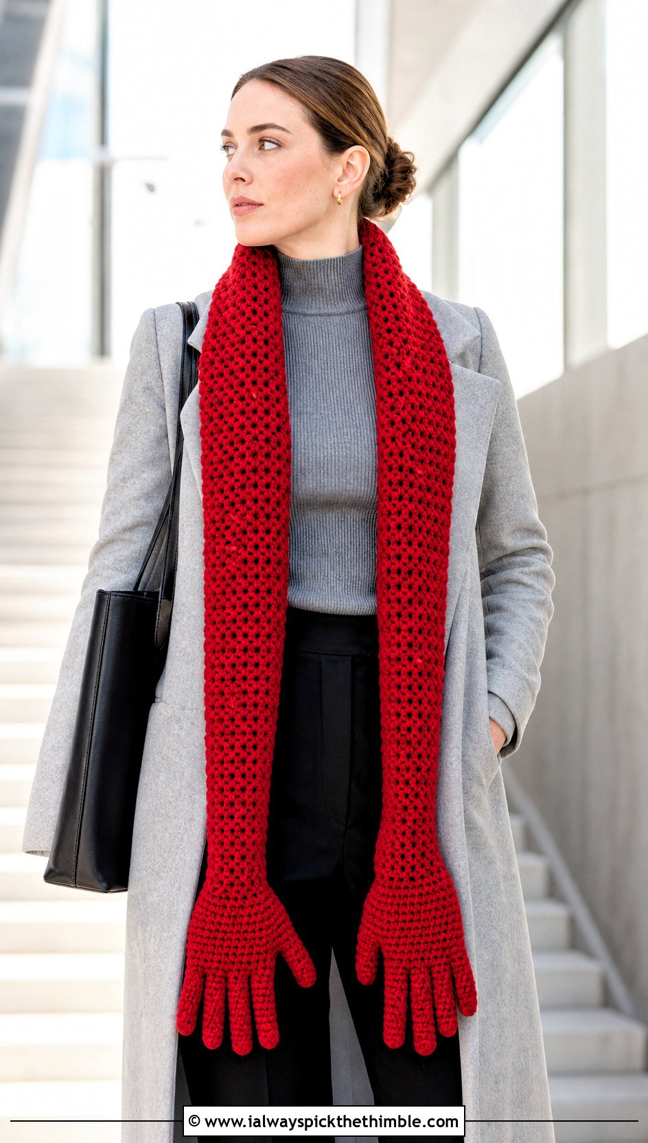 Long Arm Crochet Scarf With Minimalist Coat - 15 Funny Crochet Scarf outfit ideas
