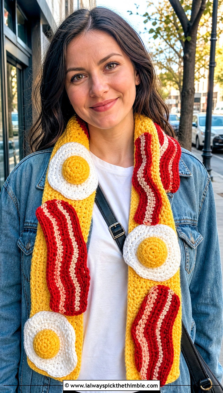 Long Bacon And Eggs Scarf With Denim Jacket - 20 Crochet Bacon And Eggs Scarf outfit ideas