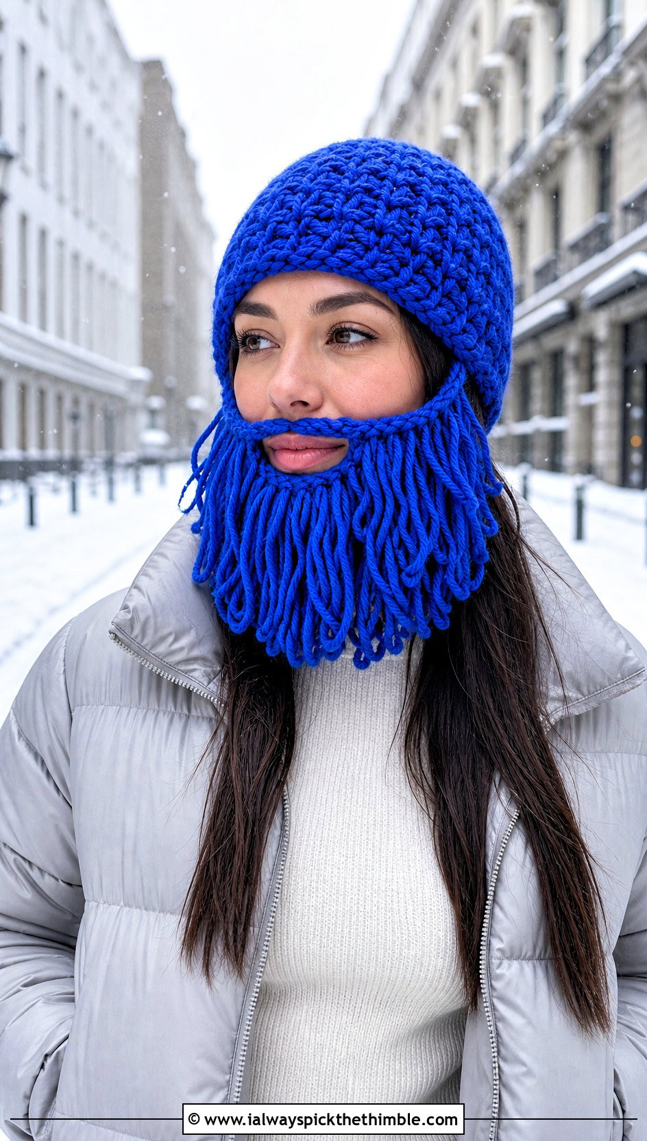 Long Beard Crochet Beanie With Cropped Puffer Jacket - 25 crochet beard hat outfit ideas