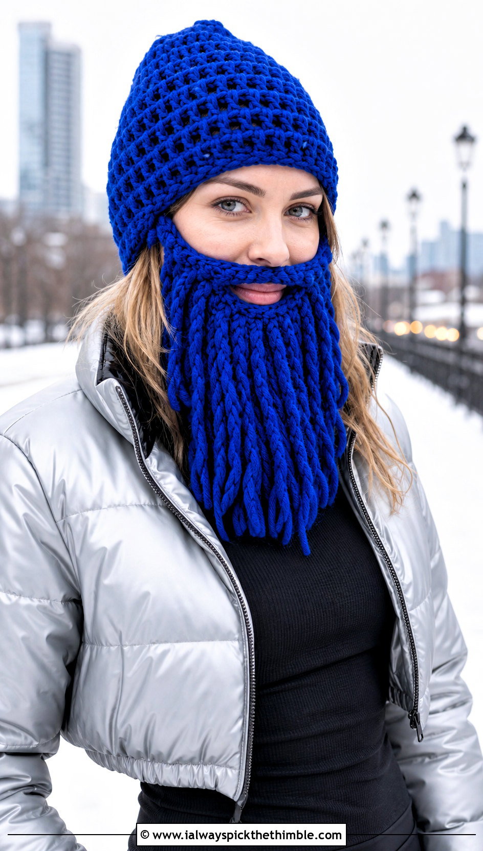 Long Beard Crochet Beanie With Cropped Puffer Jacket - 20 Beard Crochet Hat outfit ideas