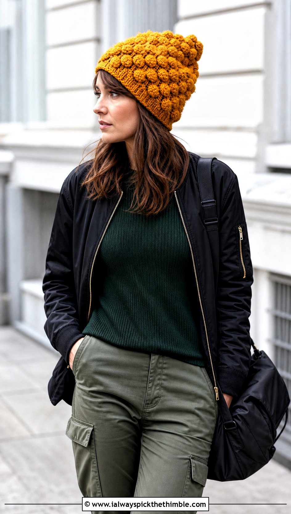 Long Bobble Stitch Crochet Hat With Bomber Jacket - 20 Long Crochet Hat outfit ideas