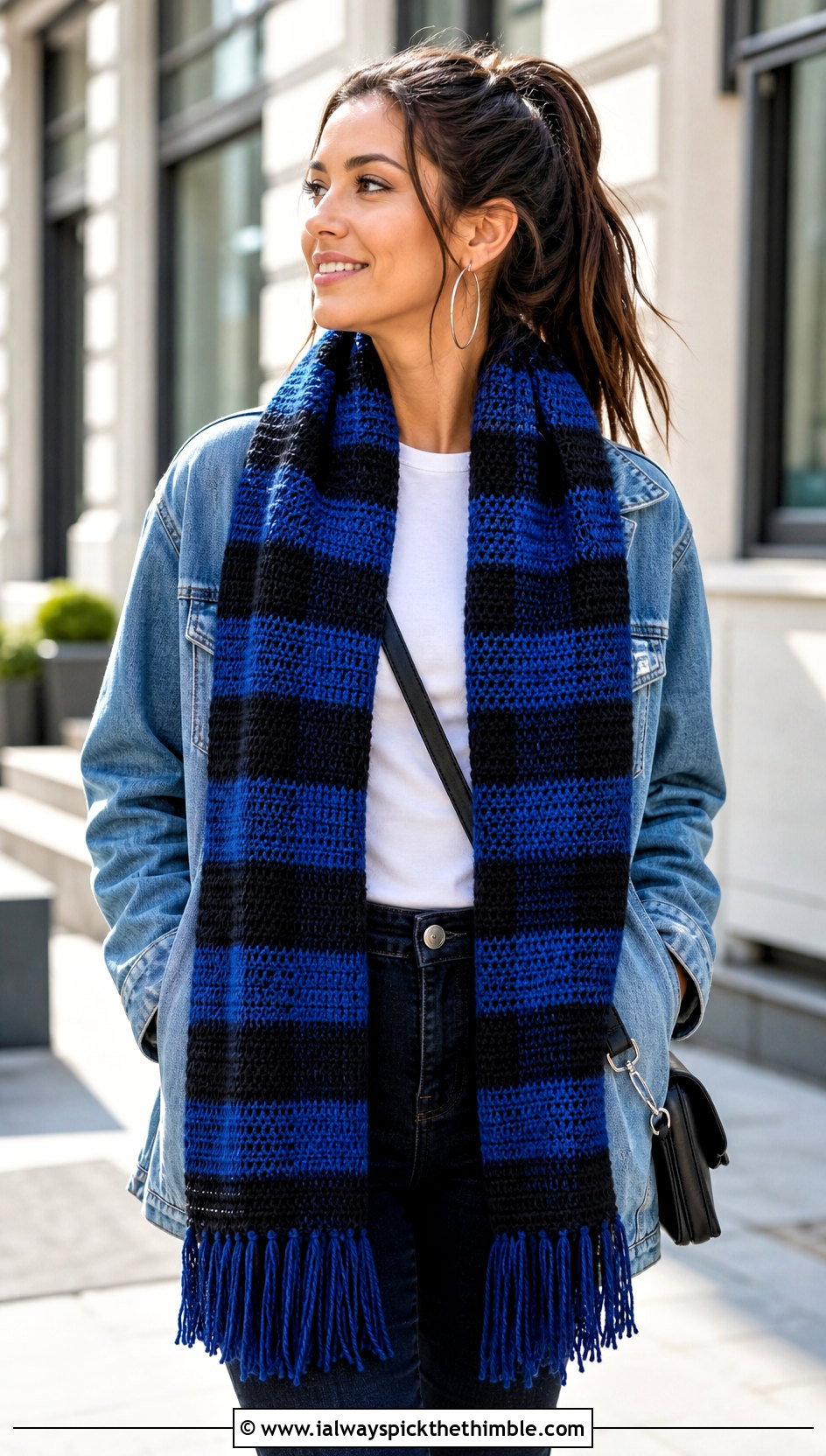 Long Buffalo Plaid Crochet Scarf With Denim Jacket - 15 buffalo plaid crochet scarf outfit ideas
