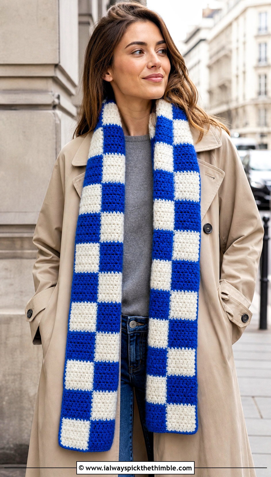 Long Checkered Crochet Scarf With Trench Coat - 20 Checkered Crochet Scarf outfit ideas