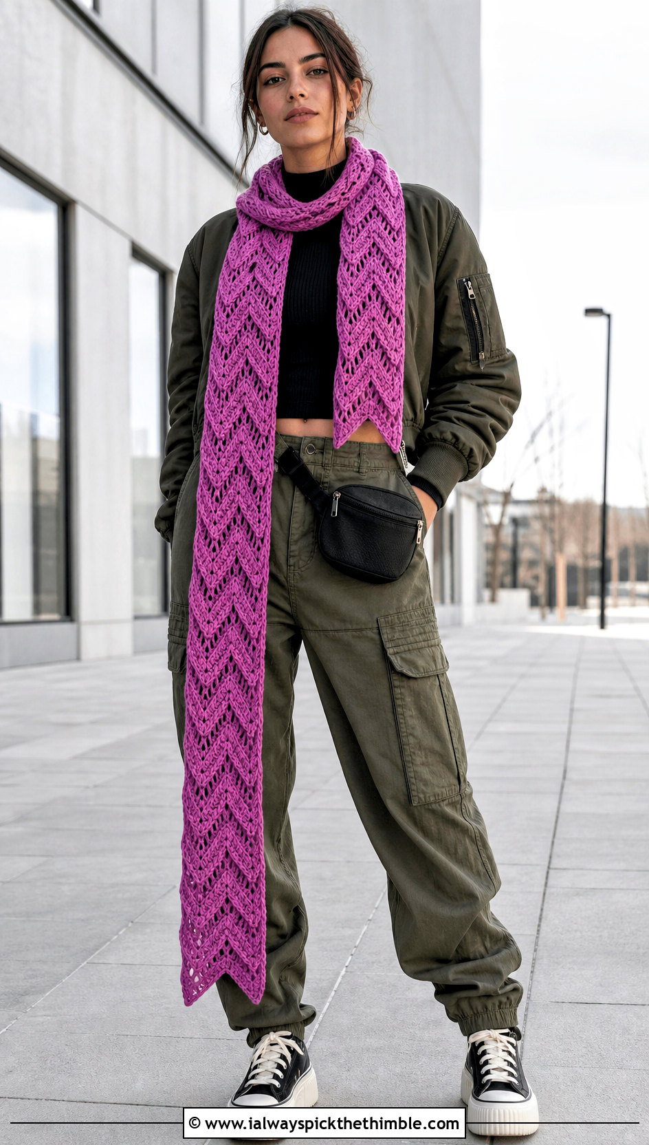 Long Chevron Zig Zag Crochet Scarf With Cargo Pants - 20 Zig Zag Crochet Scarf outfit ideas