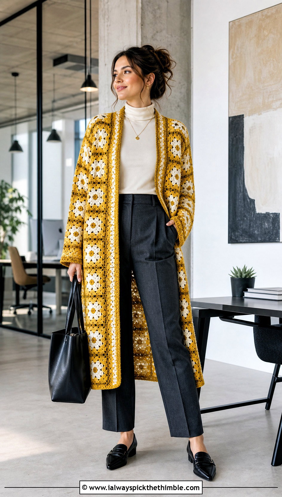 Long Coat Granny Square Cardigan With Tailored Trousers - 25 crochet granny square cardigan outfit ideas