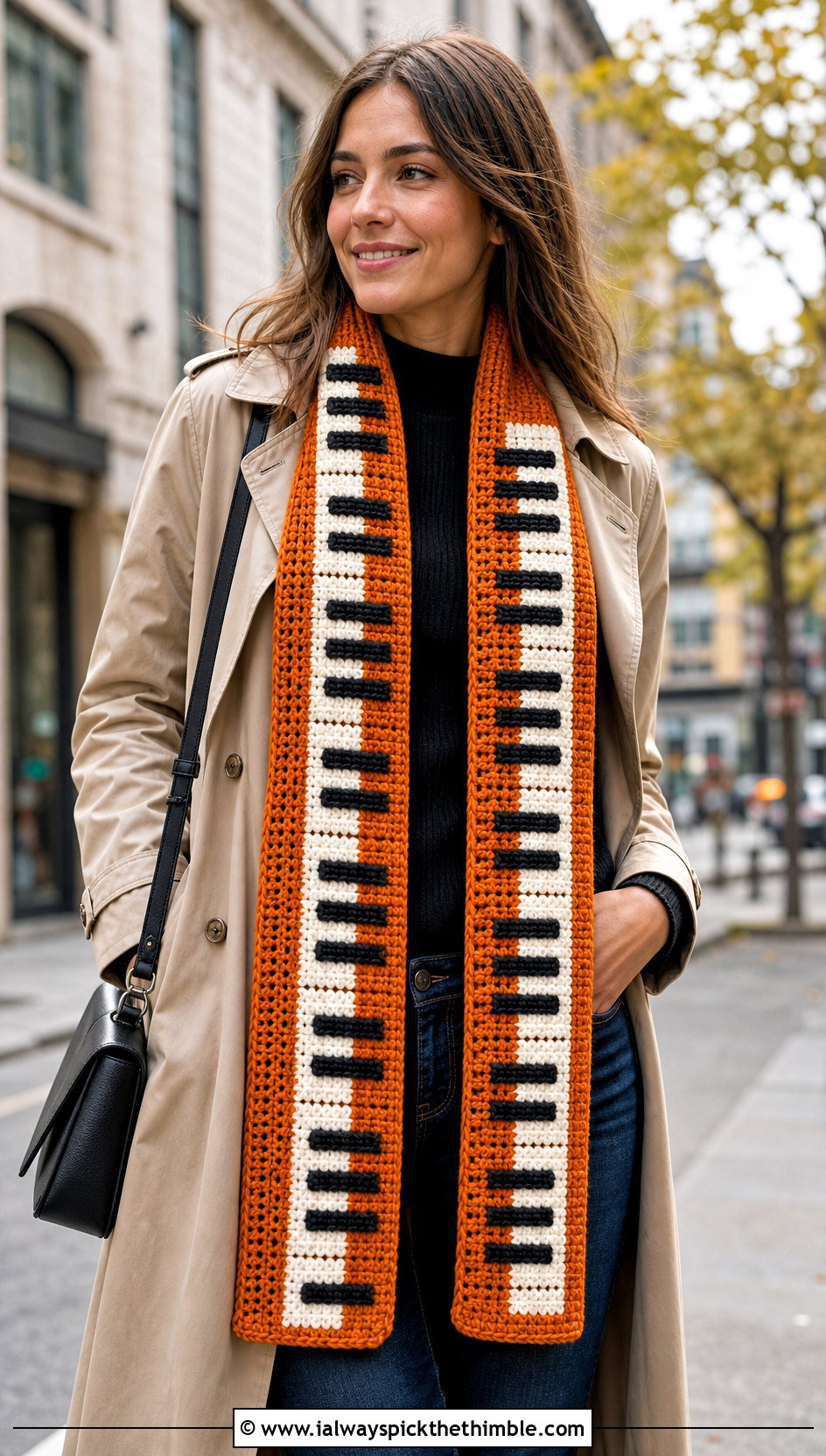Long Crochet 88 Key Piano Scarf With Trench Coat - 25 crochet piano scarf outfit ideas