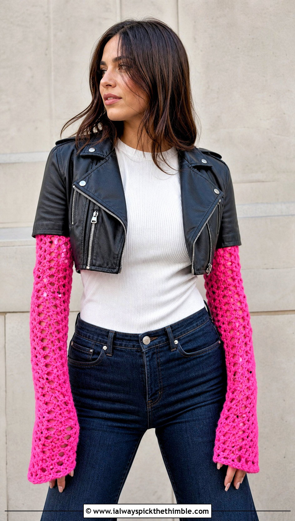 Long Crochet Arm Warmers With Leather Jacket - 25 Crochet Handwarmer outfit ideas