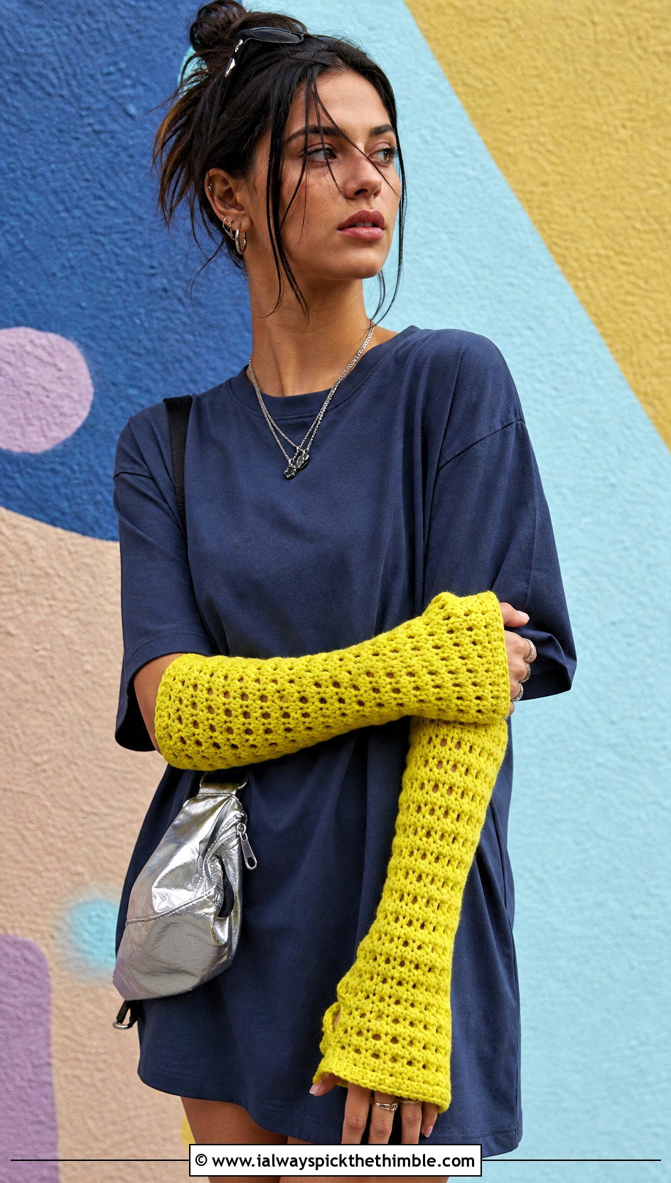Long Crochet Arm Warmers With Oversized T Shirt Dress - 25 crochet hand warmers outfit ideas