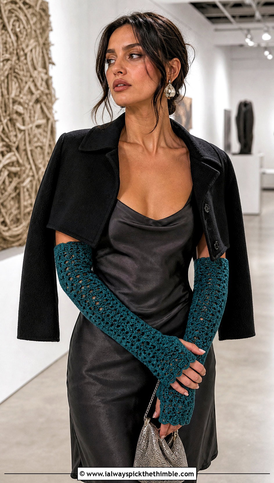 Long Crochet Arm Warmers With Slip Dress - 25 crochet gloves fingers outfit ideas