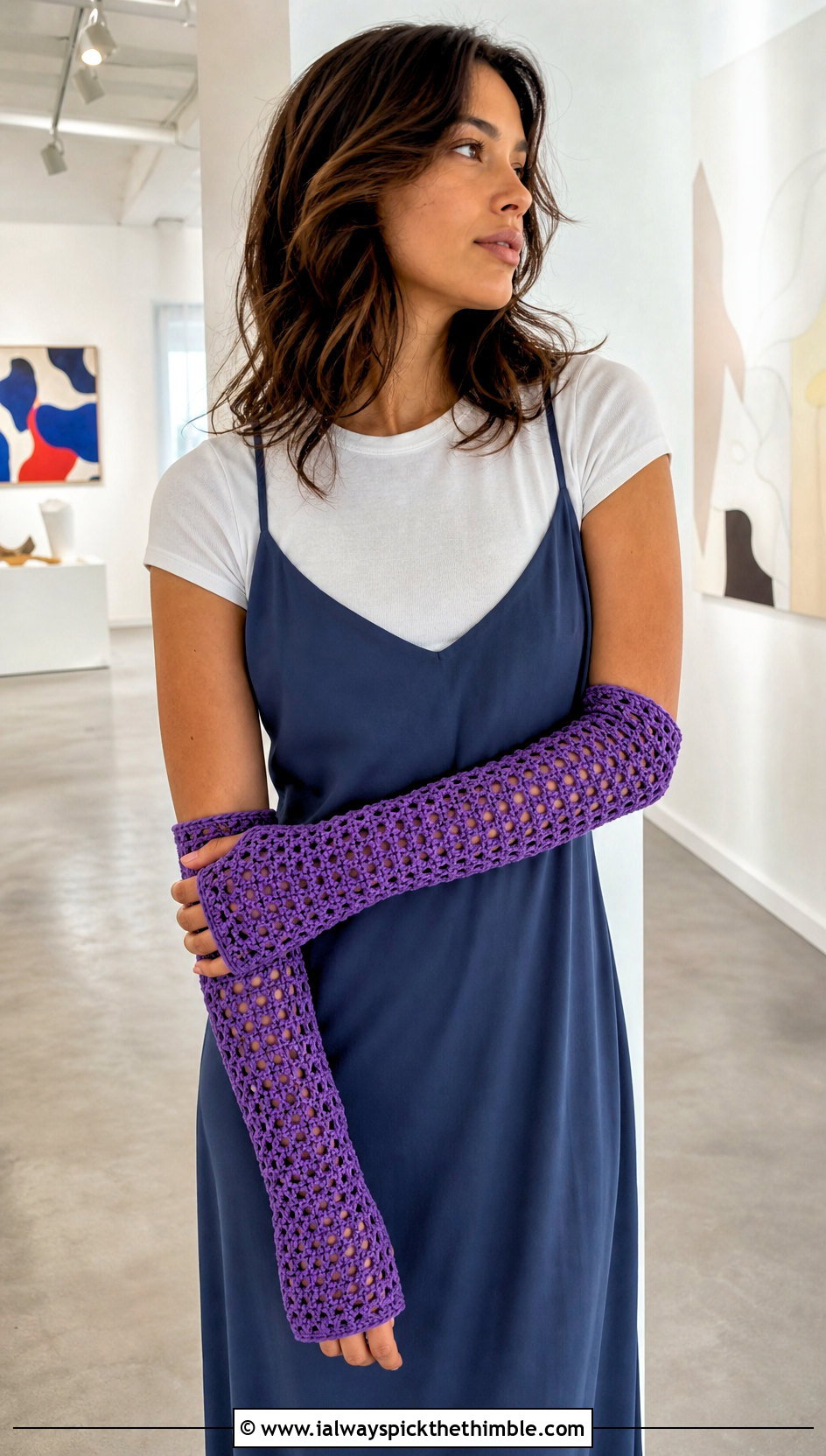 Long Crochet Arm Warmers With Slip Dress - 20 crochet glove outfit ideas