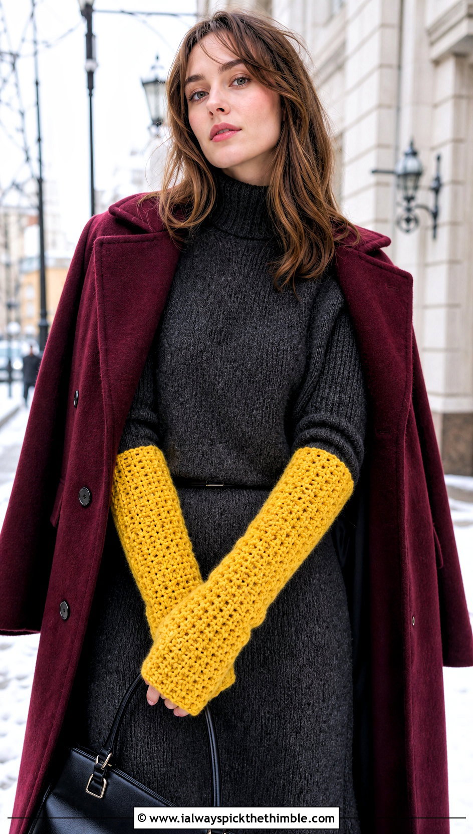 Long Crochet Arm Warmers With Sweater Dress And Boots - 20 Crochet For Fingerless Gloves outfit ideas