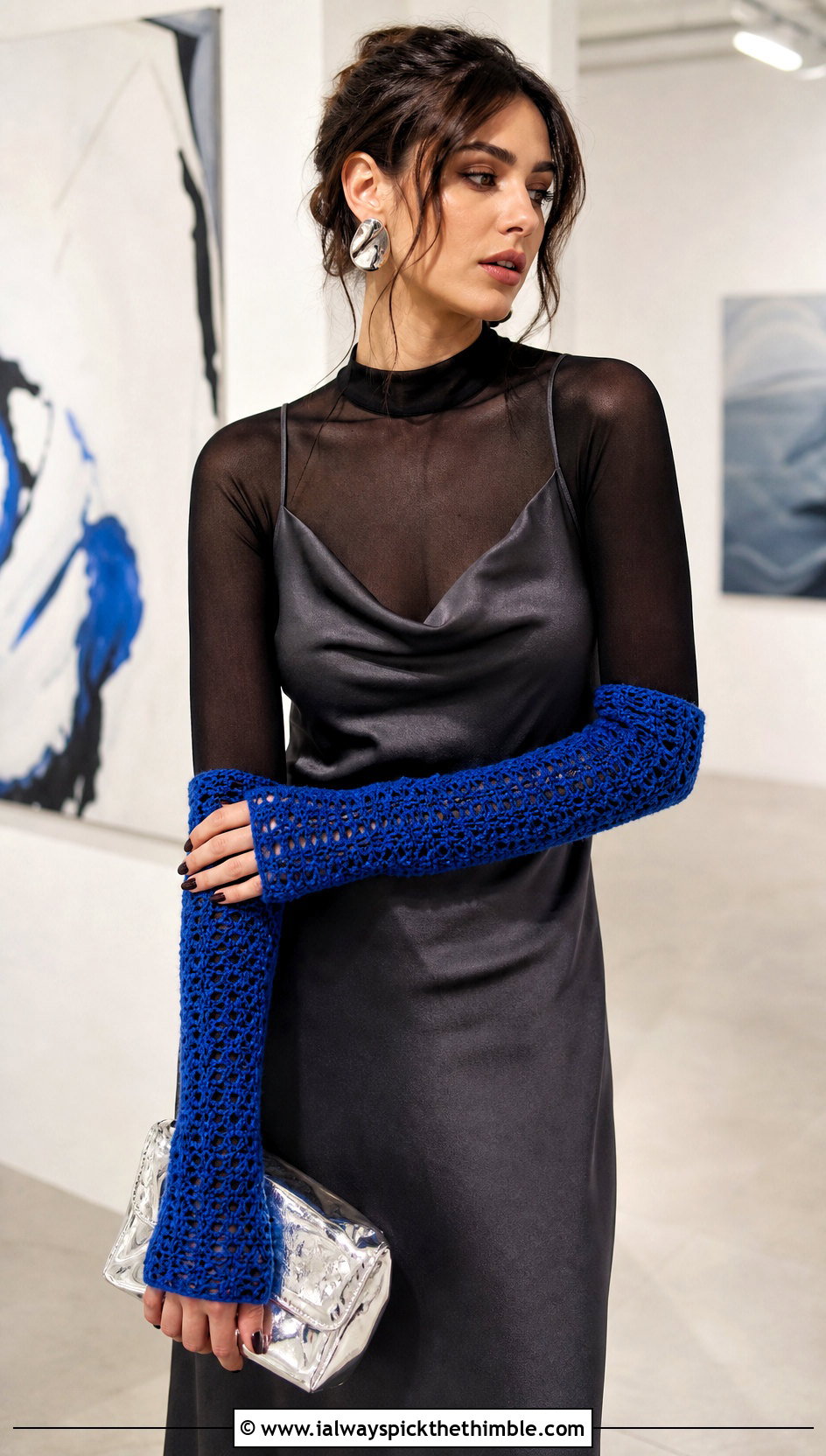 Long Crochet Arm Warmers With a Satin Slip Dress - 25 crochet fingerless gloves outfit ideas