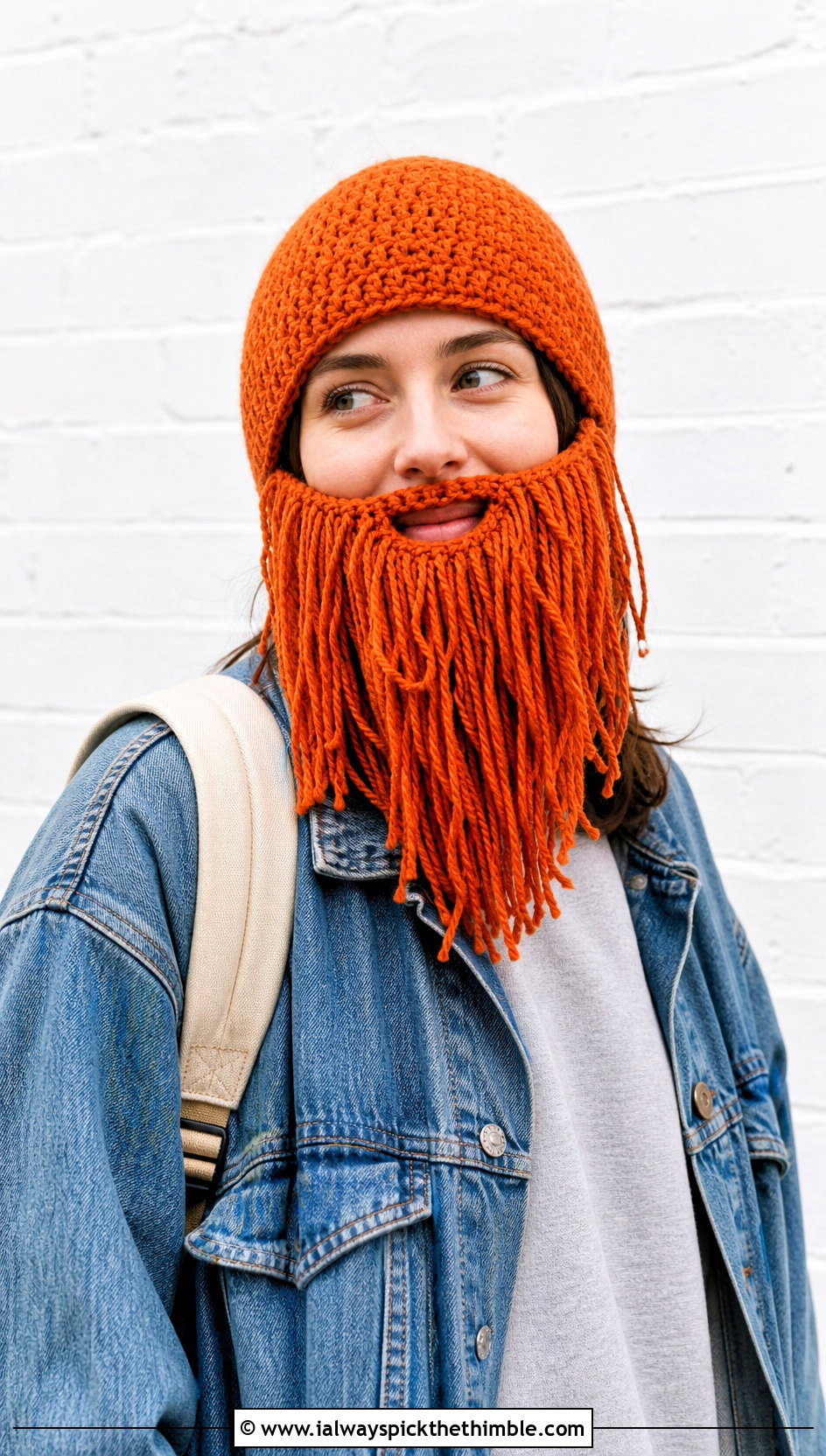 Long Crochet Beard Beanie With Denim Jacket - 15 Crochet Hat With Beard outfit ideas