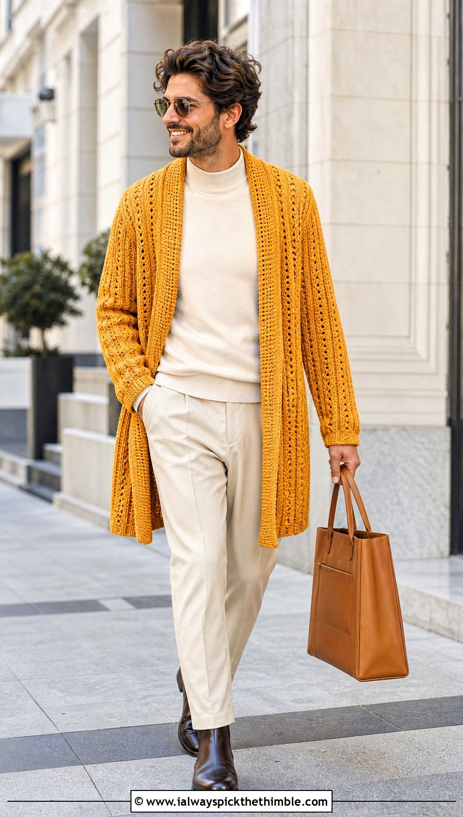 Long Crochet Cardigan With Monochrome Tailoring - 25 crochet outfits for men outfit ideas