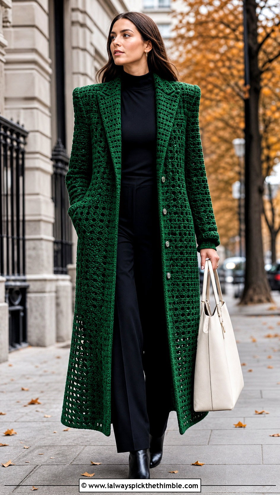 Long Crochet Coat With Monochrome Basics - 20 Autumn Crochet Outfit ideas
